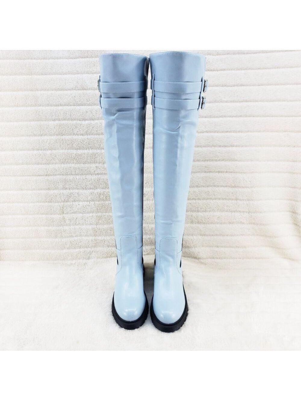Techno Baby Blue Lycra Stretch Lug Sole Thigh High Combat Rider Brand New - Picture 8 of 16